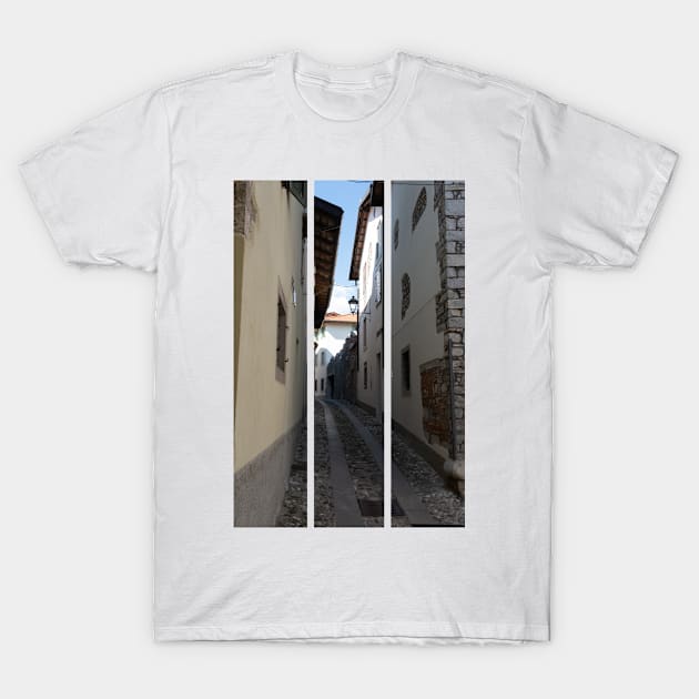 North Italy Life in the center of the lombard medieval city. Walking through narrow streets and walls. Sunny summer day. (vertical) T-Shirt by fabbroni-art